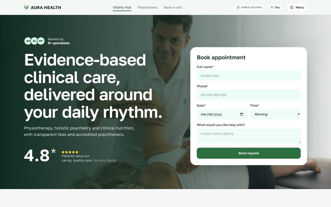 Aura Health concept site, home page
