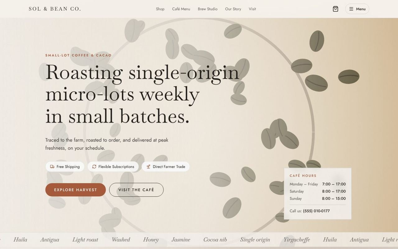 Sol & Bean Co. concept site, home page