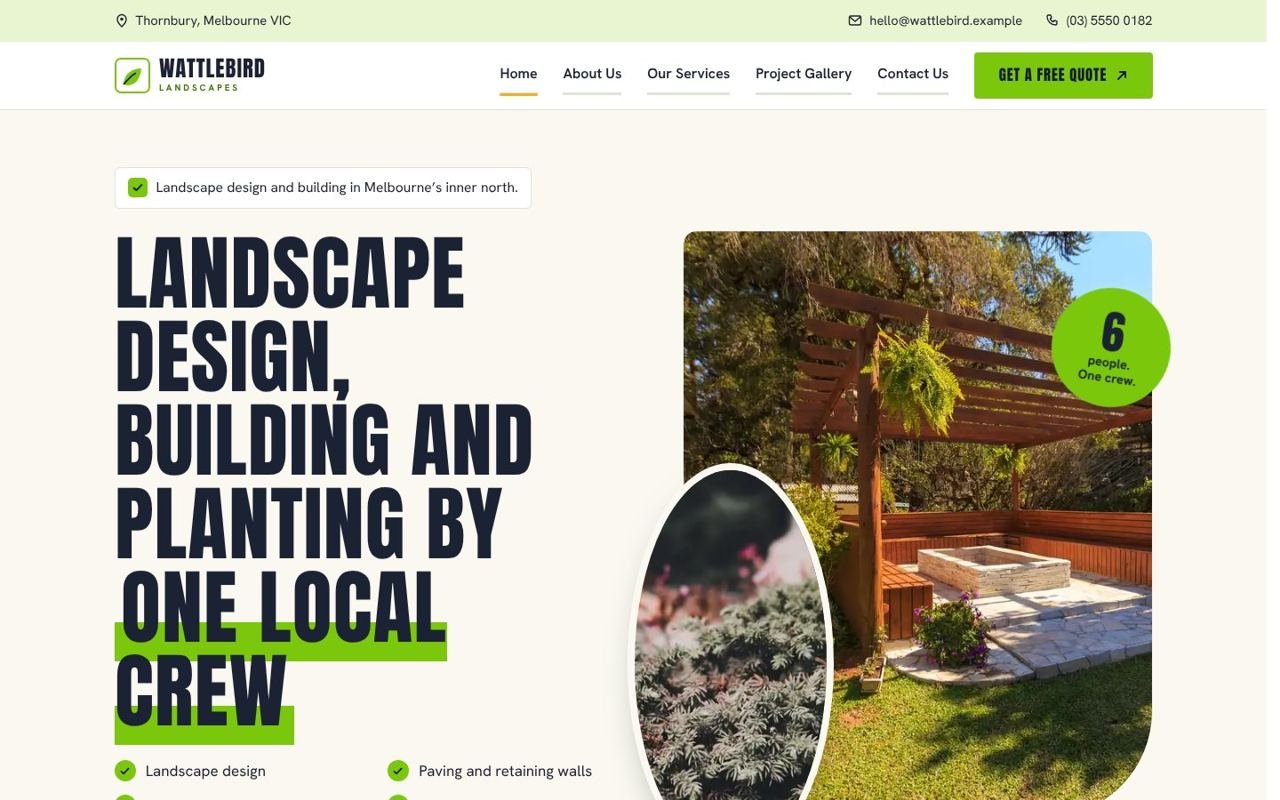 Wattlebird Landscapes concept site, home page